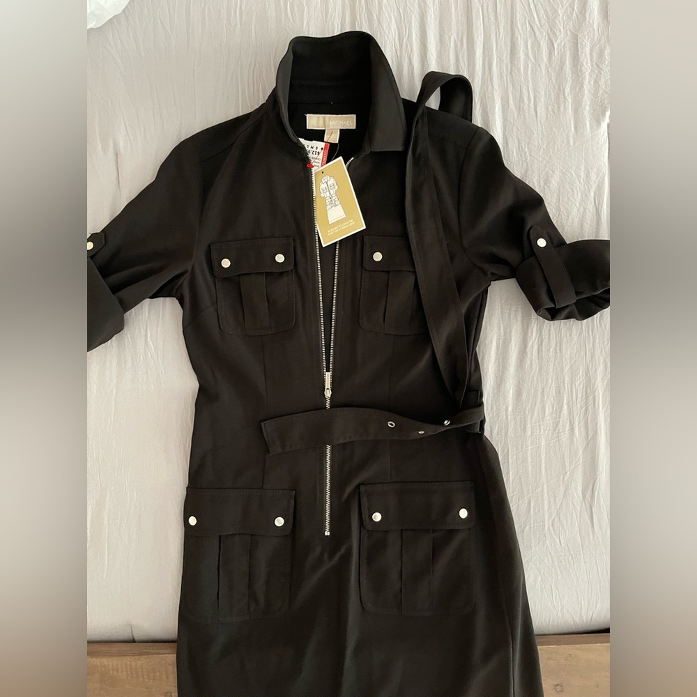 NWT Michael Kors utility shirtdress with silver accents. Collared neckline